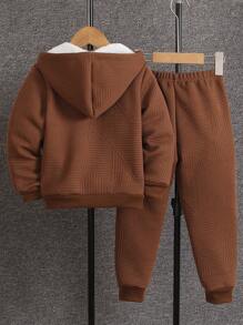 SHEIN Casuvi Kids 男童 2 件套 男童可爱卡通恐龙刺绣拉链连帽夹克和裤子，冬季