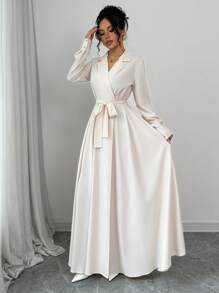 Selianne 1 件女士优雅腰部褶皱设计连衣裙，带领长款女士服装 - 杏色 - 查看 6