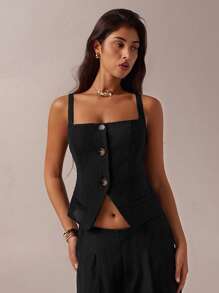 SHEIN Forever 21 春夏女士浪漫/舞会/正式/生日/90 年代/商务休闲女士/优雅/西部装/外出/时尚/休闲/Y2K/俱乐部/办公室/鸡尾酒会/复古/紧身/狂欢节/有趣/优雅/老钱/街头服饰/度假/乡村音乐会/工作/端庄/春假/单身派对/音乐会/坏人/基本款/毕业/黑色细肩带上衣 - 黑色 - 查看 7