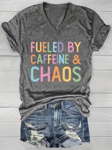 SHEIN LUNE Camiseta de manga corta con cuello en V, informal, de tallas grandes para mujeres, con estampado de letras inspiradas en la cafeína de diseño sencillo y colorido