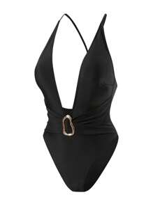 Swim Chiccia Deep V Black Elegant Belt Asymmetrical Metal Decor Women One-Piece Swimsuit, Beach & Resort Vacation Style For Summer - Black - View 5