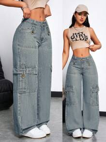 SHEIN EZwear Women's Cargo Pocket Loose Fit Casual Wide Leg Jeans - Light Wash - View 1