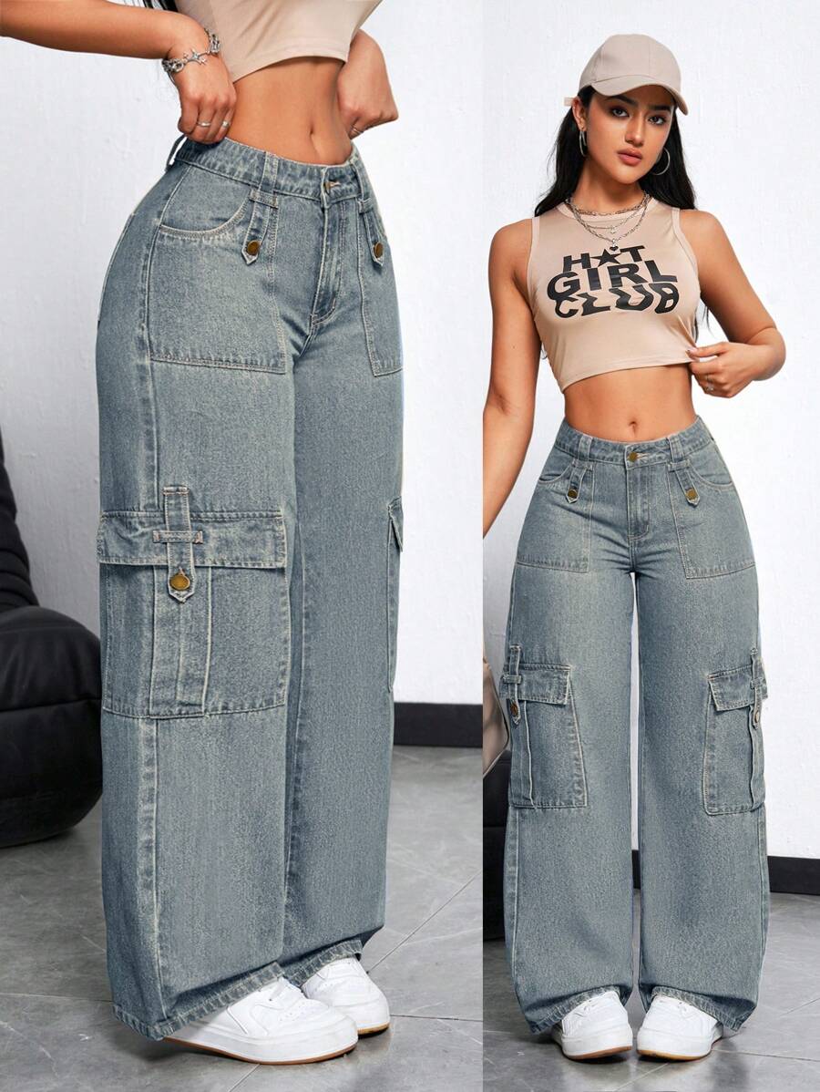 SHEIN EZwear Women's Cargo Pocket Loose Fit Casual Wide Leg Jeans - Light Wash - View 1