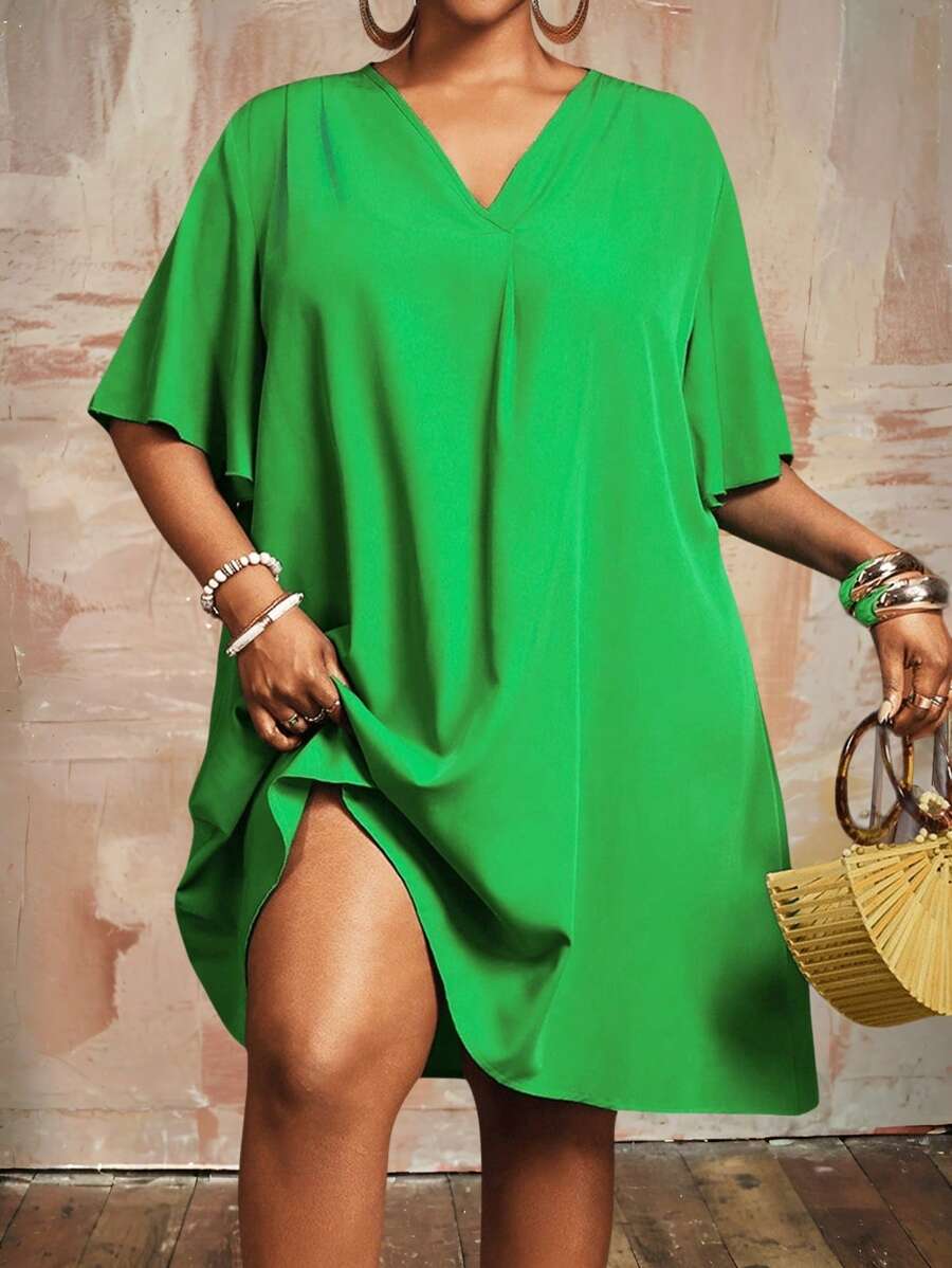 Slaydiva 新款复活节/西部优雅休闲/商务休闲女式短袖雪纺V领宽松荷叶袖连衣裙