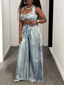 BamGleam Blue Denim Effect Casual Suit - Grey - View 3