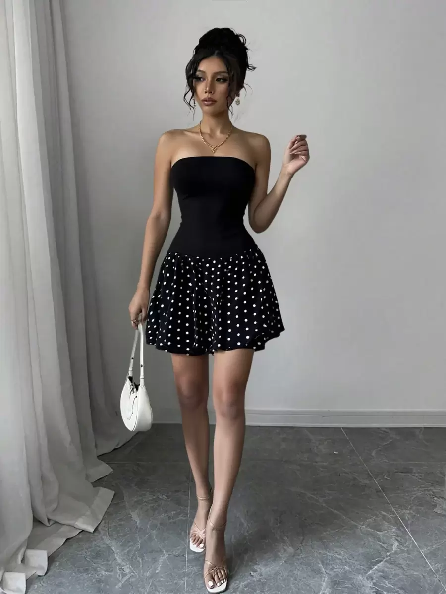 Chiquease 合身波点复古黑白抹胸迷你连衣裙