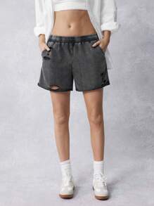 Easelle Spring And Summer Western Style, Cowgirl Vintage Women's Black Washed Knitted Distressed Casual Loose Wide Leg Shorts - Black - View 6