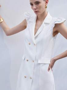 SHEIN Privé White Mini Cap Sleeve Elegant Romantic Commute Versatile Straight Collar Blazer Style Luxe Feel Double-Breasted Women Dress - White - View 4