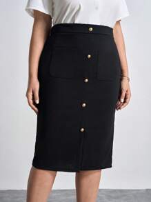 Chikora Women's Button Decorated Pocket Bodycon Plus Size Skirt,Office Outfits For Women - Black - View 4