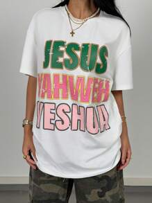 SHEIN Tween 女童春夏休闲字母印花圆领短袖 T 恤图案 T 恤 - 白色 - 查看 4