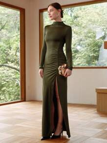SHEIN LUNE Gaun Rajut Lengan Panjang Bodycon Berlipit Leher Tinggi Elegan untuk Wanita - Hijau - View 6