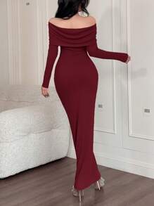 Feyla Women's Elegant Solid Off Shoulder Fitted Dress - Burgundy - View 5