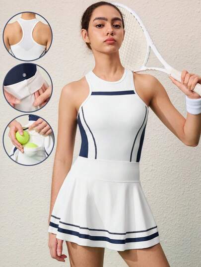 Women's Contrast Color Round Neck Sleeveless Jumpsuit With Skirt, Outdoor Wear Set