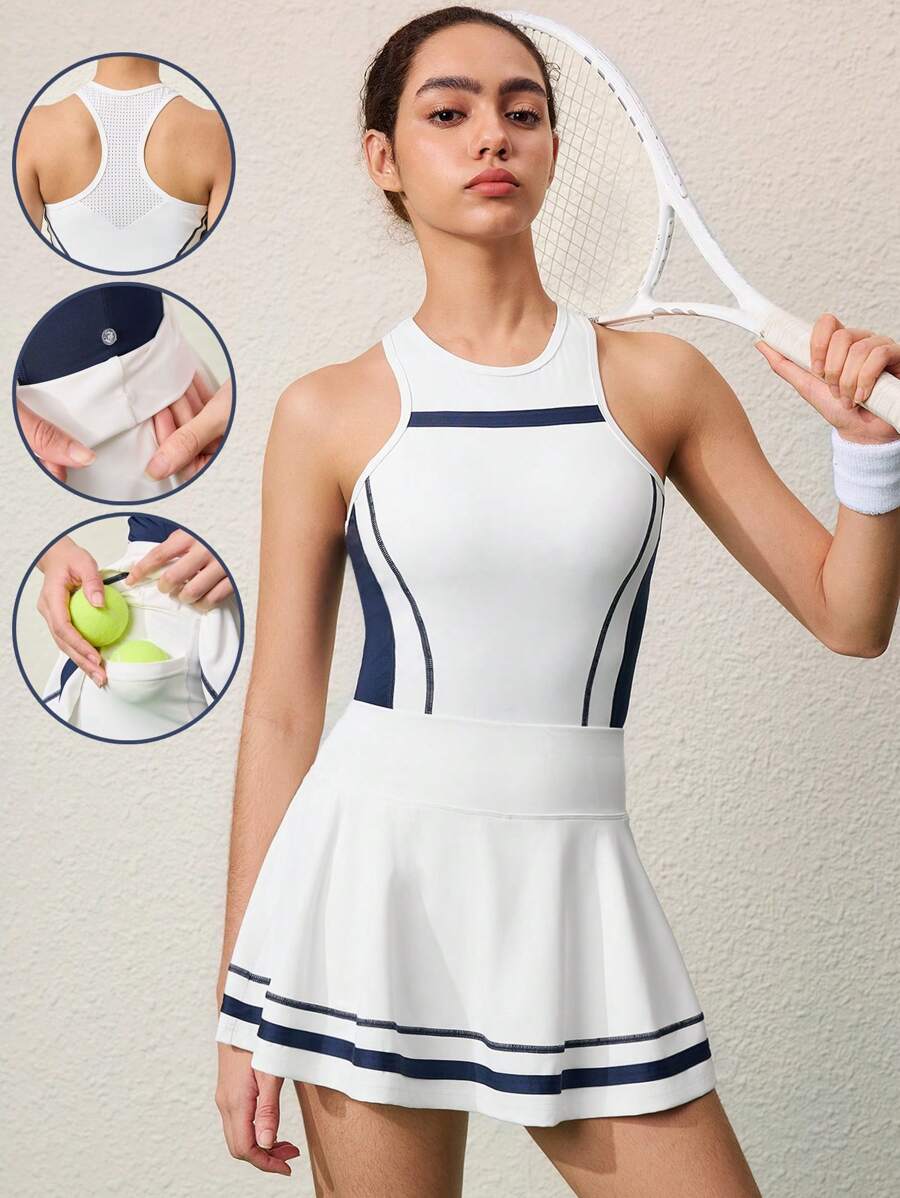 CourtClass Conjunto de ropa exterior de mono de mujer con cuello redondo y sin mangas, con contraste de color y falda incorporada - Blanco - Ver 1