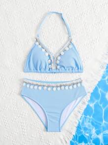 Teen Girl' Bikini Swimwear, New Arrival For Spring/Summer. Light Blue Solid Color Fabric, Halter Design. Seashell Decor. Delicate, Suitable For Teens To Wear On Vacation Or At The Beach - Blue - View 6