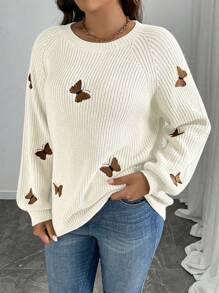 SHEIN Clasi Women Plus Knitted Butterfly Embroidery Long Sleeve Regular Elegant Pullover Sweater, Autumn Winter Fall - Beige - View 5