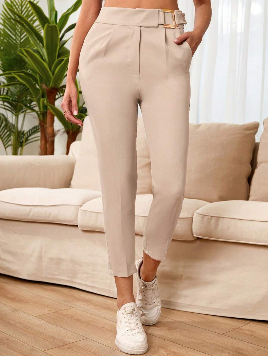 RueChic Solid Slant Pocket Cropped Suit Trousers - Beige - View 1