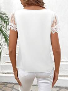 SHEIN Clasi 女式撞色蕾丝短袖弧形下摆衬衫