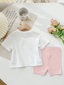 Baby Girl Casual Simple Short Sleeve Outfit, Suitable For Spring & Summer