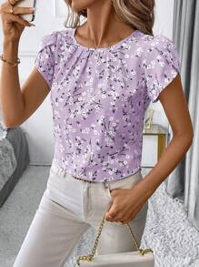 SHEIN Clasi Women's Vacation Round Neck Pleated Country Ditsy Floral Bud Short Sleeve Shirt - Mauve Purple - View 3