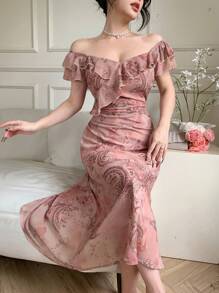 DAZY Abito estivo da donna con colletto quadrato, balze e fantasia floreale mista, in stile patchwork