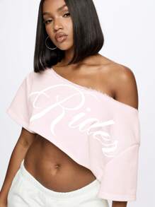 SUMWON WOMEN 露肩不对称毛边短款 T 恤超大舞蹈工作室休闲上衣夏季节日装 - 粉色 - 查看 3