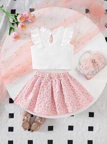 2pcs/Set Baby Girl Spring&Summer Casual Style, Sleeveless Top&Embroidery Skirt - Pink - View 2