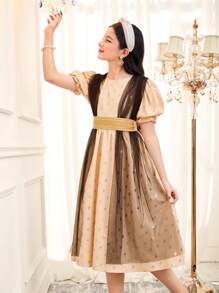 SHEIN Tween Girls' Glamour Chiffon Cape Spliced Foil Dot Mid-Length Dress - Apricot - View 3