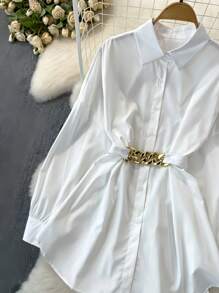 SHEIN LUNE 女士纯色长袖单排扣休闲宽松常规衬衫