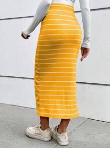 SHEIN Falda casual de maternidad con raya de talle alto y abertura lateral