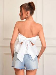 SHEIN VCAY Women's Off-Shoulder Ruched Babydoll Top, White Butterfly Back Design, Suitable For Wedding Season, Spring/Summer - White - View 4