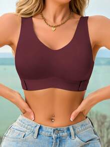 1 件女士无缝无衬垫优雅透气舒适交叉后背抹胸文胸 - 酒紅色 - 查看 3