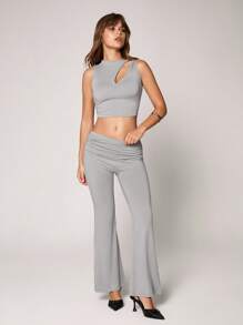 SHEIN Unity 2 Pieces Set Women Asymmetric Neck Top And Ruched Flare Pants, Casual Outfit - Grey - View 6