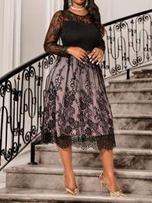 Fleurora Autumn And Winter Elegant Party Work Office Black Knitted Lace Textured Round Neck Flared Midi Long Sleeve Plus Size Dresses - Pink - View 3