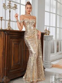 SHEIN Belle 女士金色亮片露肩无袖束腰高开衩长礼服，优雅舞会晚礼服，适合婚礼宾客、毕业典礼、返校节礼服、约会晚礼服、修身华丽化妆舞会礼服、不对称四季、派对礼服、礼服 - 金色 - 查看 4