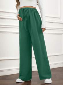 SHEIN Adjustable Waist Solid Color Loose Maternity Palazzo Pants, Casual - Green - View 5