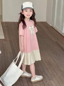 Dazy Kids Young Girls Bow Print Patchwork Short Sleeve Crew Neck Dress, Spring & Summer - Pink - View 4
