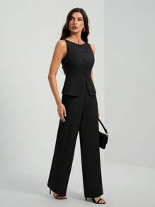 SHEIN Tall Women's Solid Color Round Neck Single-Breasted Vest And Pants Elegant Commuter Suit, Summer Fall Women Clothes Women Set Office Wear Business Casual Women Two Pieces Outfits Fall Women Office Wear Women Set Women Blazers Set - Black - View 5