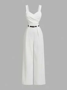 SHEIN MOD Combinaison femme grande taille col V couleur unie à volants avec ceinture, ensemble femme été pour la Saint-Valentin, vêtements de travail femme, combinaisons blanches pour femme, combinaisons pour femme de petite taille