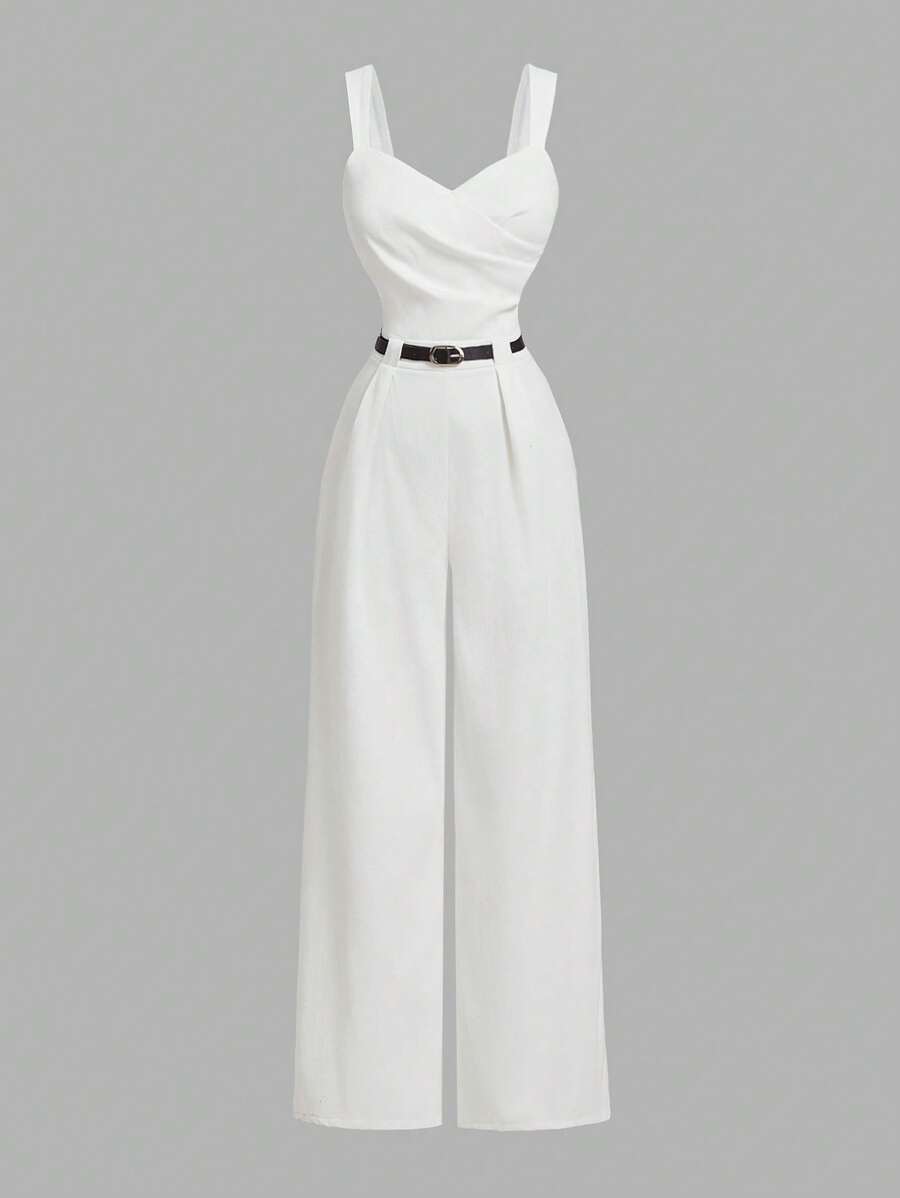 SHEIN MOD Combinaison femme grande taille col V couleur unie à volants avec ceinture, ensemble femme été pour la Saint-Valentin, vêtements de travail femme, combinaisons blanches pour femme, combinaisons pour femme de petite taille