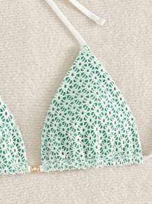 Swim Mod Women Texture Halter Triangle Bikini Top, Summer Beach - Green - View 3