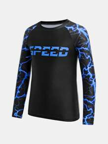 SHEIN Leap Crew 2pcs/Set Tween Boy Holiday Casual Lightning Bolt & Letter Graphic Long Sleeve T-Shirt And Skinny Shorts Swimwear Set, Suitable For Summer, Outdoor, Beach, Swimming - Blue - View 7