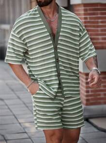 Manfinity RSRT Manfinity Nomadique Men's Contrast Striped Single Breasted Short Sleeve Shirt Drawstring Shorts Set