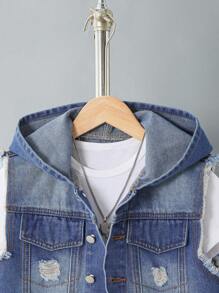 Tween Boy 破洞牛仔连帽背心和短裤套装