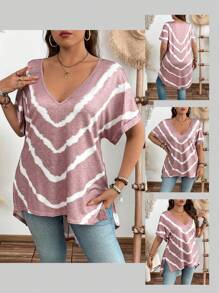 SHEIN LUNE 大码女式时尚春夏高低设计粉色和白色条纹扎染印花休闲修身T恤