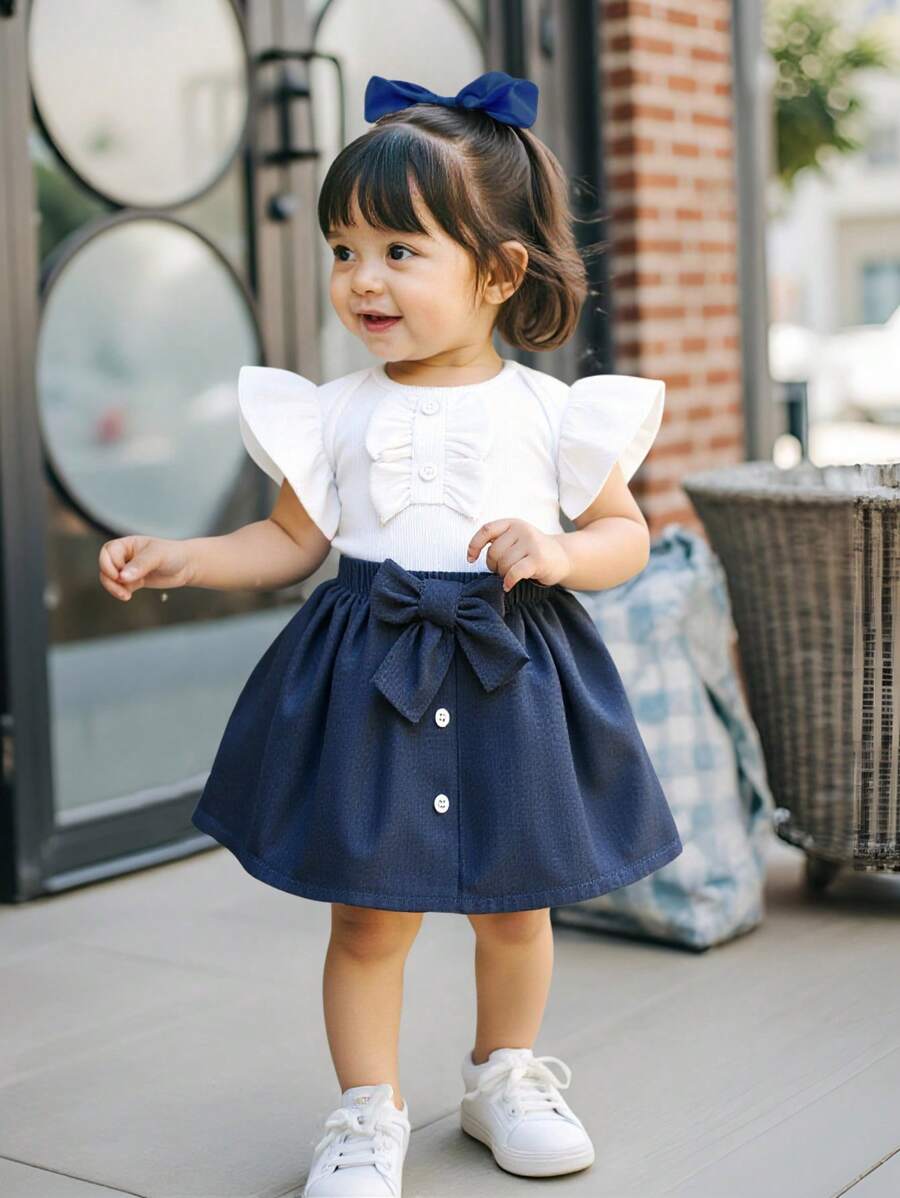 SHEIN 3 件套女婴盖袖上衣和裙子夏季套装 - 白色 - 查看 1