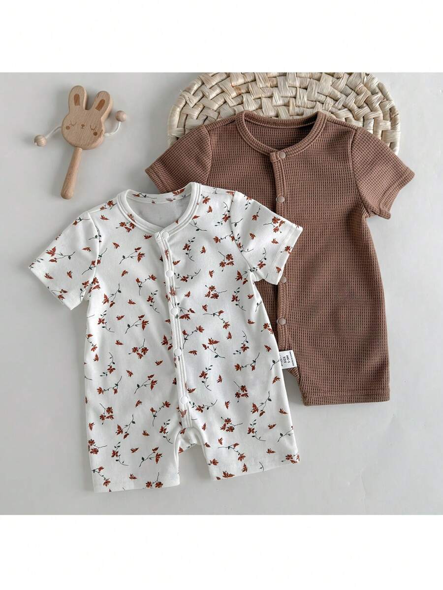 Loomiva 2pcs Newborn Baby Girl Floral Print Soft Knit Crew Neck Short Sleeve Romper Set - Multicolor - View 1