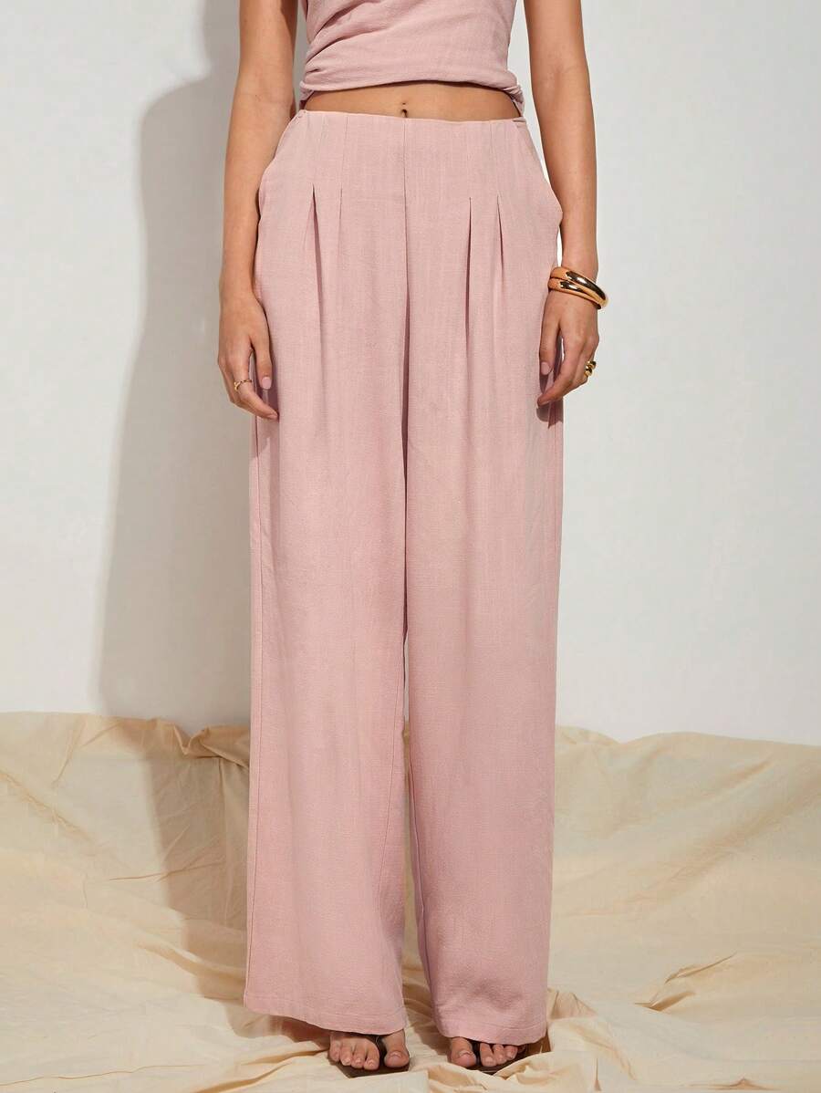COSMINA Women's Casual Loose Pink Pleated Wide Leg Pants - Pink - View 1