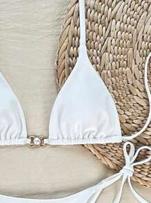 新款女士海滩夏季服装：纯色吊带背心，配珍珠纽扣和领带，系带侧泳裤，简约比基尼套装