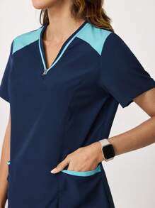 Scrubzie Colorblock Zipper V Neck Design Four Pockets Scrub Sets Sporty Sets Women's Solid Color Splice Short Sleeve Blouse And Long Pants Nursing Scrub Set For Women Scrubs For Women Scrub Sets Nurse Scrub Sets Women Scrub Sets For Women Essential Jogger Scrub Set Nursing Scrub Stretch V-Neck Top & Drawstring Cargo Pants Notch V-Neck Tuck In Top & Drawstring Straight Leg Pants - Navy Blue - View 5